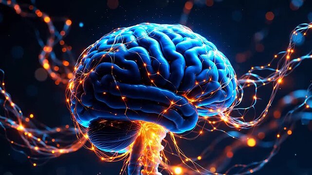 Blue brain with glowing neural connections