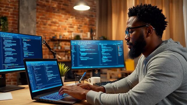 Man working on computer with multiple screens