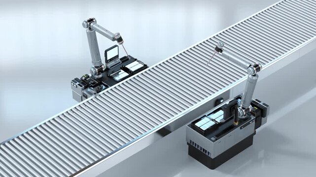 3d rendering robotic arms manufacture electric car battery or pack of battery cells module 4k footage