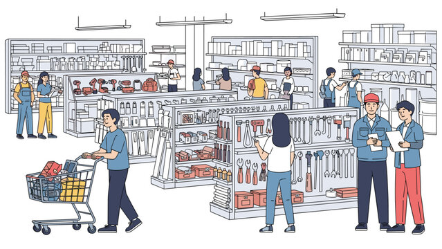 Customers and staff browse shelves filled with tools and hardware inside a large well organized hardware store or home improvement center.