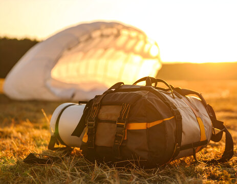 Outdoor adventure equipment for paragliding at sunset in a scenic landscape setting, highlighting the thrill of extreme sports.