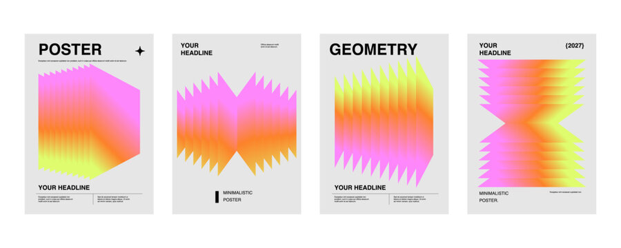 Posters with gradient minimalistic basic figures, extraordinary graphic assets of geometrical shape. Modern minimal colorful print brutalist.	
