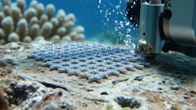 Underwater robotic device applies a shimmering layer of material onto a rocky surface, showcasing intricate patterns in a vibrant marine environment