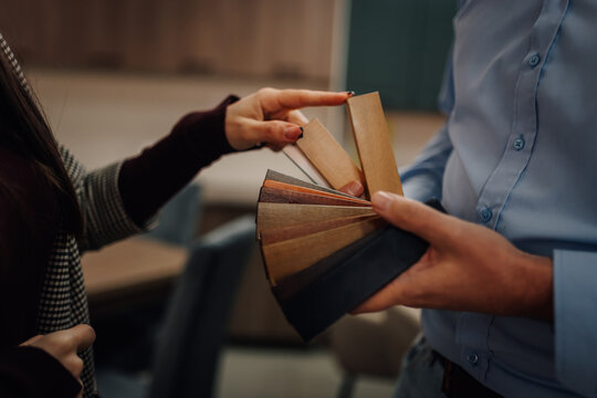Selecting wood material samples for interior design project