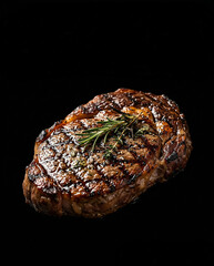 Grilled beef steak with rosemary on black background, top view