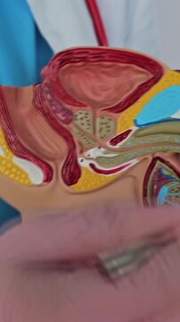 Medical expert holds a human anatomy model of the male reproductive system in a clinical setting for educational purposes