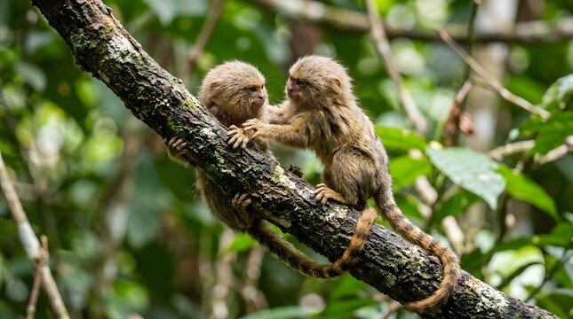 Two Pygmy Marmosets Interacting on a Tree Branch in Lush Jungle