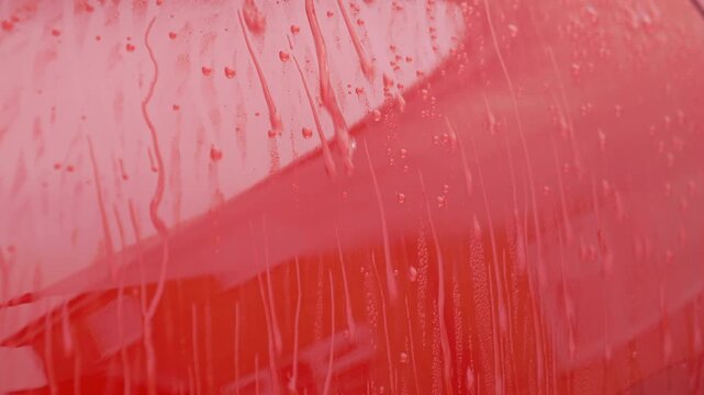 Rinsing a red car with pressure washer with ceramic coating and lots of beads rolling off - extreme close up
