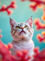 Lilac British cat, jaw dropped in awe, framed by coral geometric shapes, artistic depth of field,  geometric,  amazed