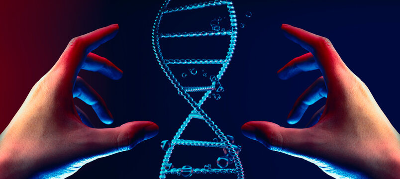 3d of human hand holding the light blood dna cell double helix structure,  network of healthcare business