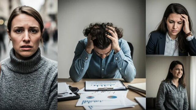 Diverse people experiencing emotional struggle, anxiety disorder, depression, mental health challenges, chronic stress, despair, daily life pressures, seeking well-being support