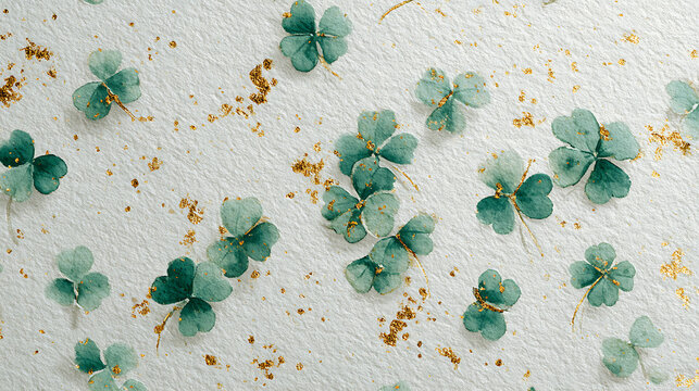 St patrics day concept green four leaf clovers scattered on textured white surface with gold specks st patrics