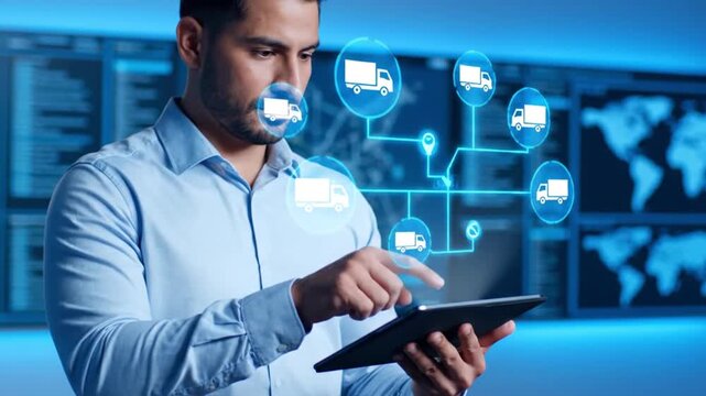 Logistics Manager Tracking Delivery Fleet on Tablet with Global Map and Truck Route Holographic Overlay