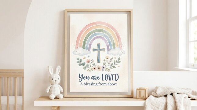 Rainbow with cross watercolor nursery printable

