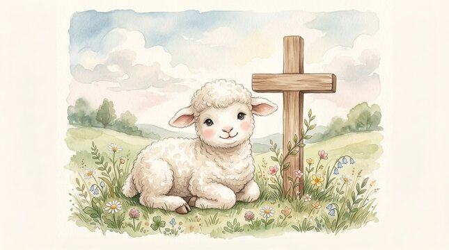 Little lamb with cross watercolor nursery illustration

