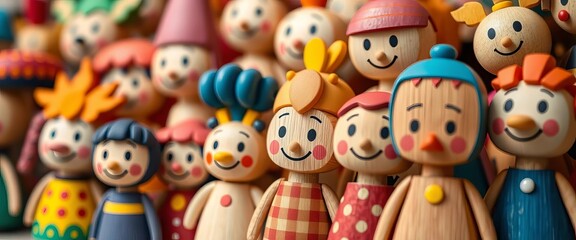 Close-up of whimsical wooden cartoon characters, colorful and handcrafted,  vintage,  rustic