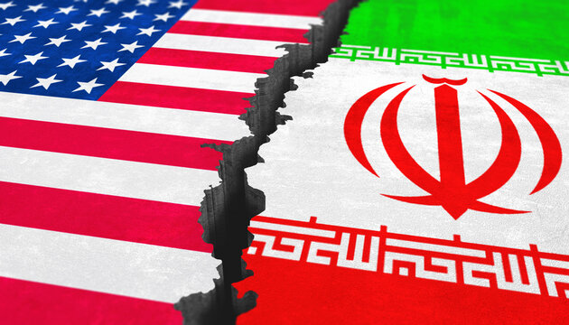 Illustration of the flags of Iran and the USA. Break between state symbols. Concept of political conflict with the Iran. Severance of relations with Iran.