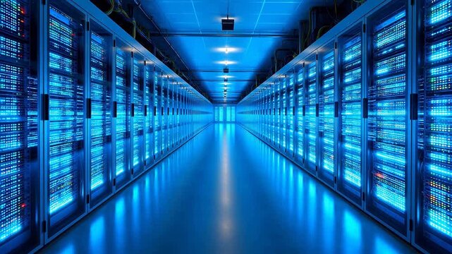 Server room with rows of illuminated racks