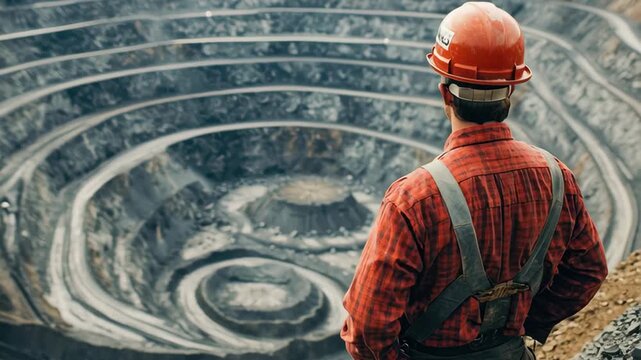 Worker examines deep mining pit in large excavation site during bright day