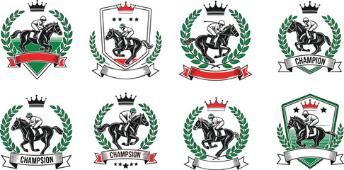 Set of vintage horse racing champion labels and emblems featuring a jockey riding a horse surrounded by laurel wreaths and crowns. © Afjal12