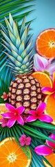Fototapeta premium Tropical flower arrangement with pineapple, orange slices, and palm fronds, floral, orange