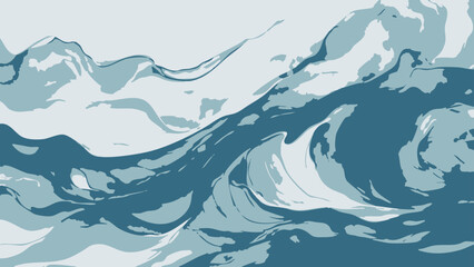 Naklejka premium Vector serene oceanic vista, with stylized capturing the mesmerizing rhythm of cresting waves and rugged mountain peaks.