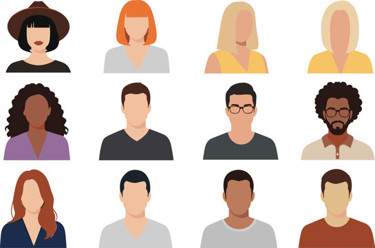 Flat People Avatar Collection with Diverse Men and Women Characters for User Profile Pictures, Social Media Accounts, Website UI, and Team Illustration.