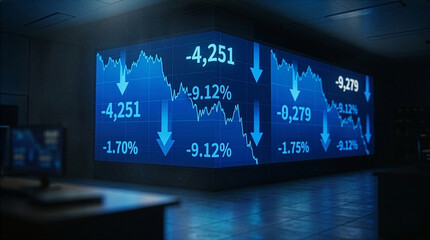 Fototapeta premium Stock Market Crash and Financial Crisis Displayed on Large Digital Screen with Falling Arrows