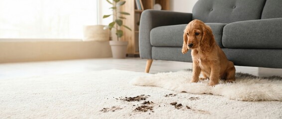 Naklejka na ściany i meble Playful puppy makes a mess in cozy living room capturing the chaos of home life indoor setting natural light adorable canine antics