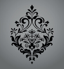 Damask graphic ornament. Floral design element. Black and gray vector pattern