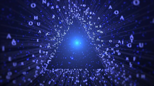 Fast-moving digital tunnel filled with floating alphabetic characters and symbols. Conceptual motion graphic for machine learning, linguistic AI, and big data processing.