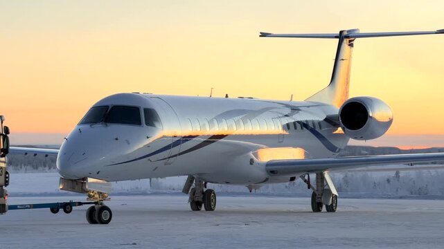 Embraer 145 Regional Jet is Being Towed on an Icy Airport at Sunrise