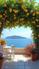 Fototapeta premium Terrace with lemon tree overlooks blue ocean and island. Outdoor table with chairs offers view. Flowers bloom, sun shines bright. Relaxing coastal retreat.