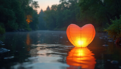 Fototapeta premium Heart shaped lantern floats on calm river water at dusk. Glowing light reflects on surface. Nature surrounds peaceful scene. Water lantern drift.