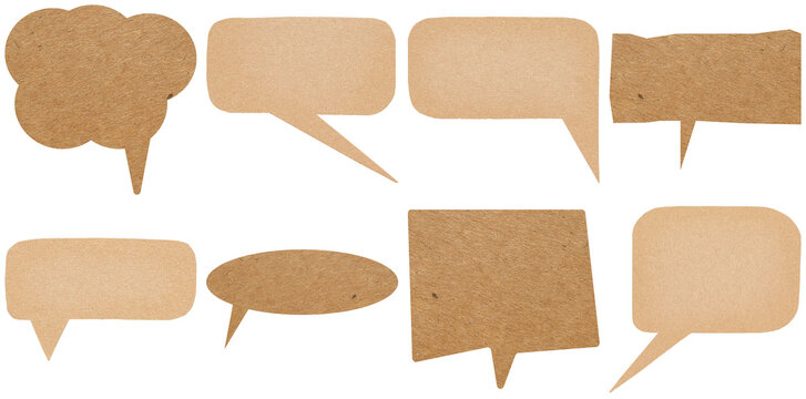Eight diverse speech bubbles and thought clouds, crafted from textured brown kraft paper for rustic design.