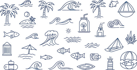 Beach Vacation Icons with Palm Trees, Waves, Fish and and Sailing Boats © Fareeda 