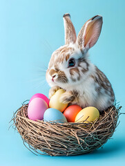 A cute bunny sits in a wicker nest among colorful Easter eggs against a blue studio background, a delicate, festive composition