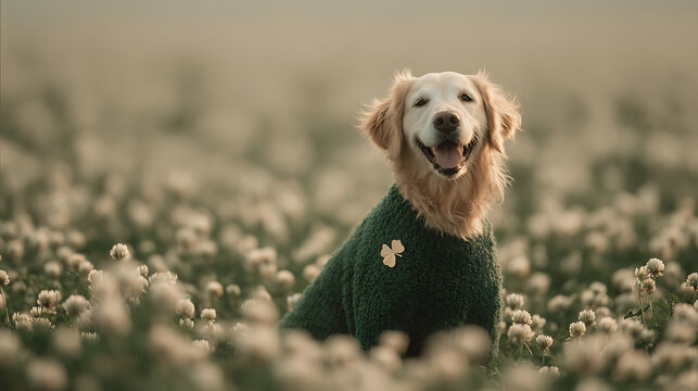 St patrics day concept golden retriever dog wearing green sweater sitting in a field of flowers st patrics