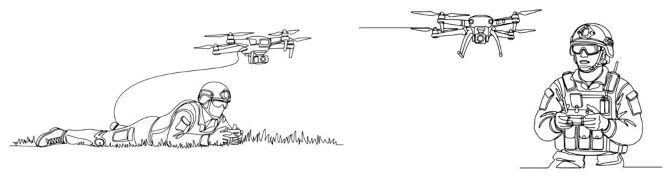 Continuous line art illustration of army soldiers controlling reconnaissance drones in the field and standing position