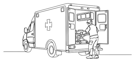 One line art illustration of a paramedic loading a stretcher into an emergency ambulance vehicle © Alicja