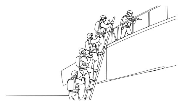 One line drawing of special forces tactical team climbing a ladder to board a ship