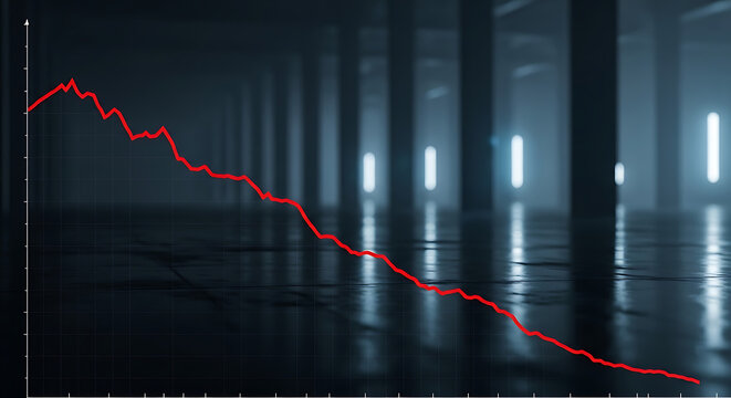 A red line graph showing a decline in data over time in a dark room with pillars