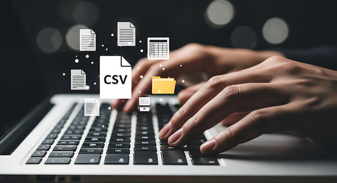 A person typing on a laptop with CSV file icons floating above the keyboard