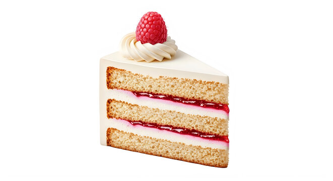 Isolated slice of cake with frosting and raspberry on top in PNG format