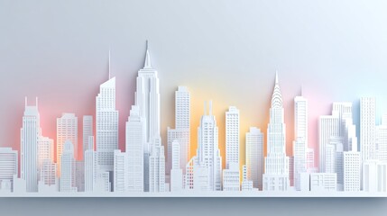 Obraz premium Paper cut style New York City skyline illustration with white skyscrapers and soft lighting. This minimalist urban landscape features iconic buildings.