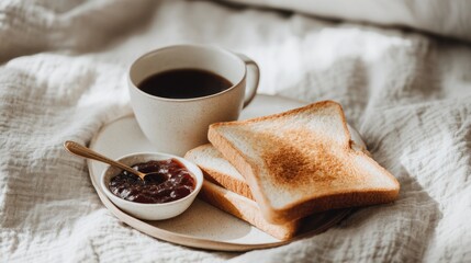 A delicious breakfast served on a plate over a cozy linen bedsheet with golden toasted bread, a bowl of red jam, and a hot cup of black coffee.