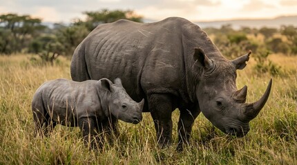 Fototapeta premium Mother and baby rhinoceros grazing in African savannah at sunset