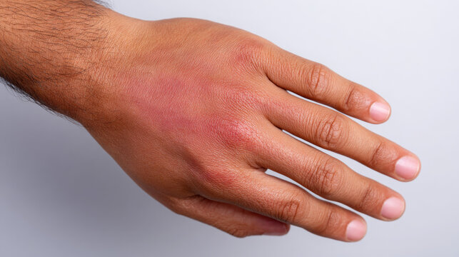 Male hand showing redness on skin after injury against light background  
