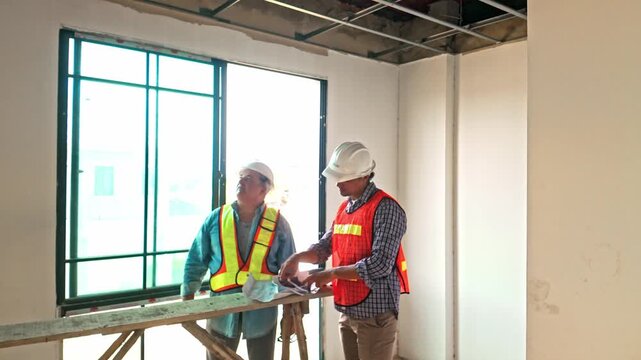 Two construction professionals in hard hats inspect a building interior, pointing at an exposed ceiling near a window during renovation and discussing project details