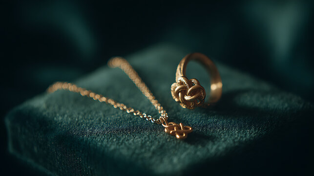 St patrics day concept gold jewelry set with necklace and ring on green velvet box st patrics